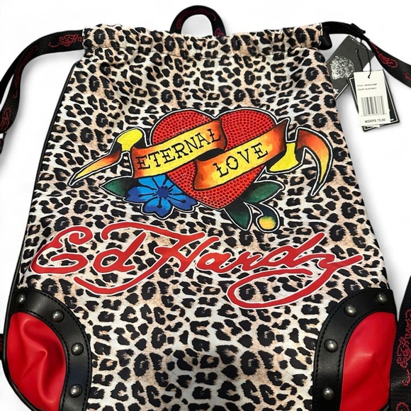 NWT Ed Hardy Eternal Love Leopard Print Drawstring Backpack NWT Red Rhinestones - Picture 2 of 11